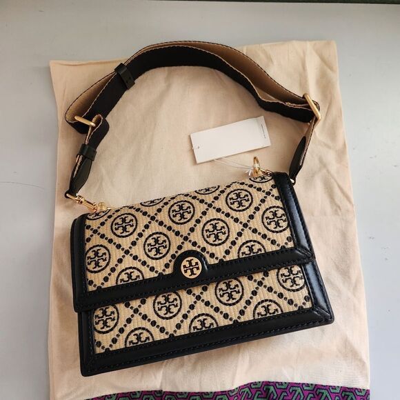 Tory Burch Handbags - Tory Burch T Monogram Raffia Small Shoulder Bag Tan/Black